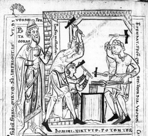 Pythagore et les forgerons, illustration extraite du Petri Manducatoris sermones, BSB Clm 2599. München - Bayerische Staatsbibliothek